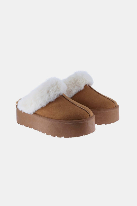 Thick Bottom Fur Trim Snow Slippers in light brown