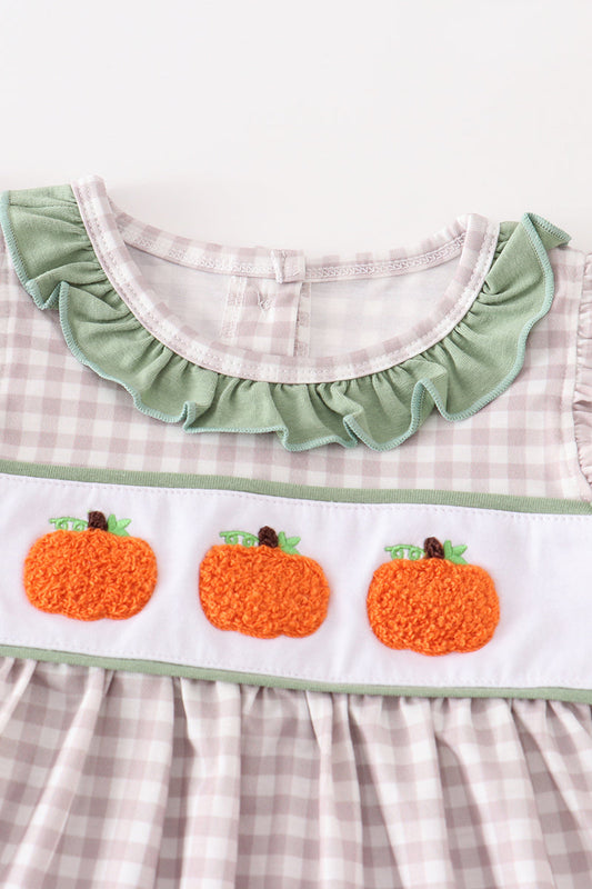 Green plaid french knot pumpkin girl set