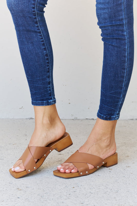 Step Into Summer Criss Cross Wooden Clog Mule in Brown