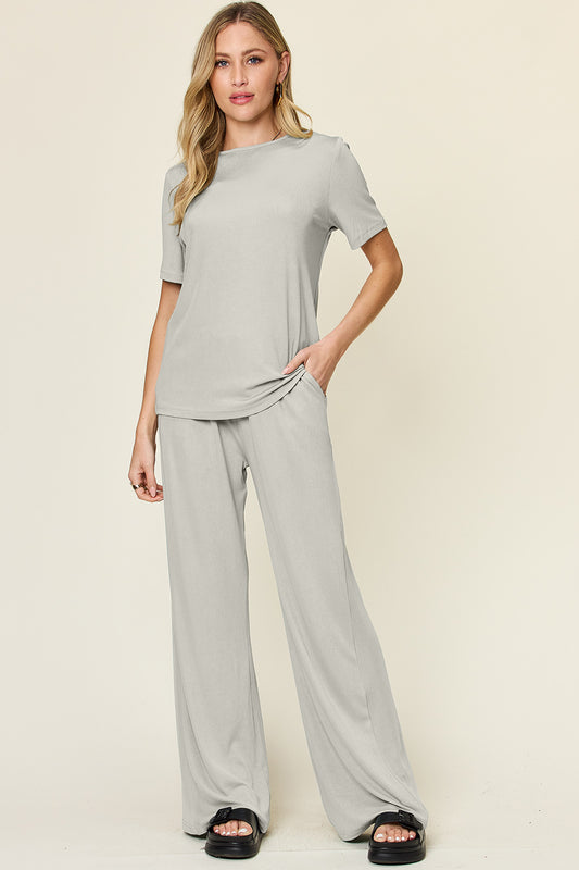 Round Neck Short Sleeve T-Shirt and Wide Leg Pants Set Double Take