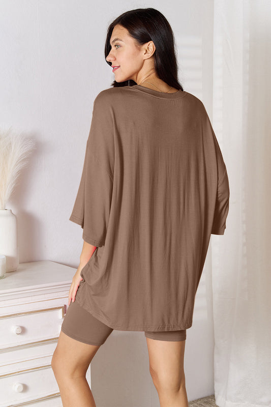 Full Size Soft Rayon Three-Quarter Sleeve Top and Shorts Set Basic Bae