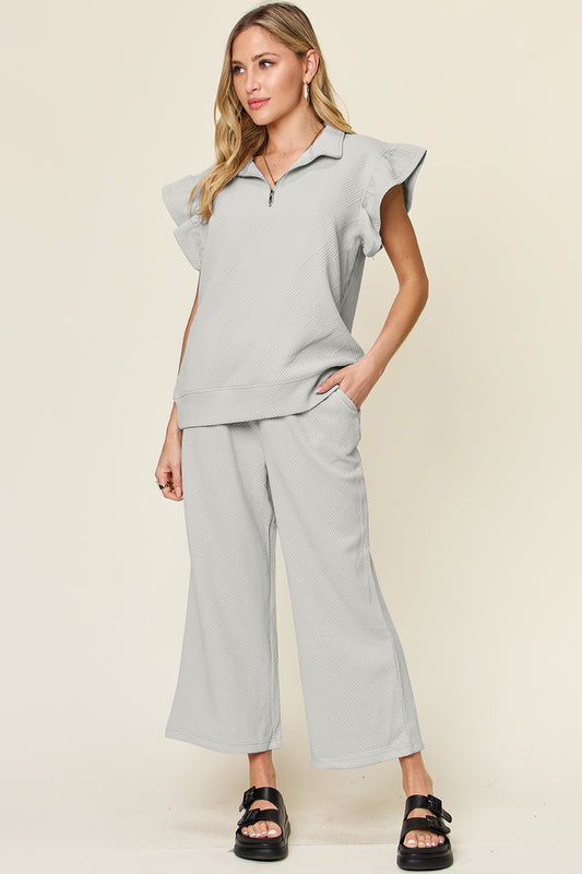 Texture Ruffle Short Sleeve Top and Drawstring Wide Leg Pants Set Double Take