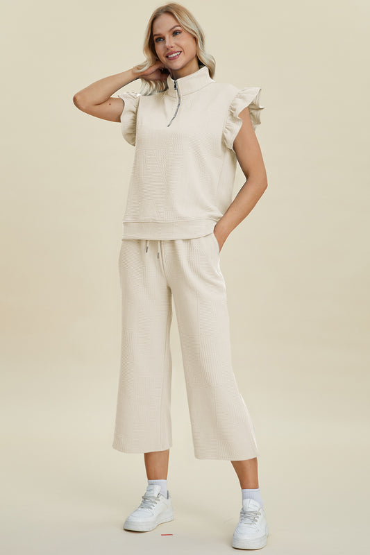 Full Size Texture Ruffle Short Sleeve Top and Wide Leg Pants Set Double Take