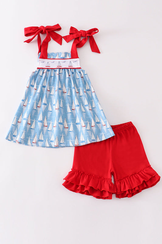 Blue sailboat embroidery girl set