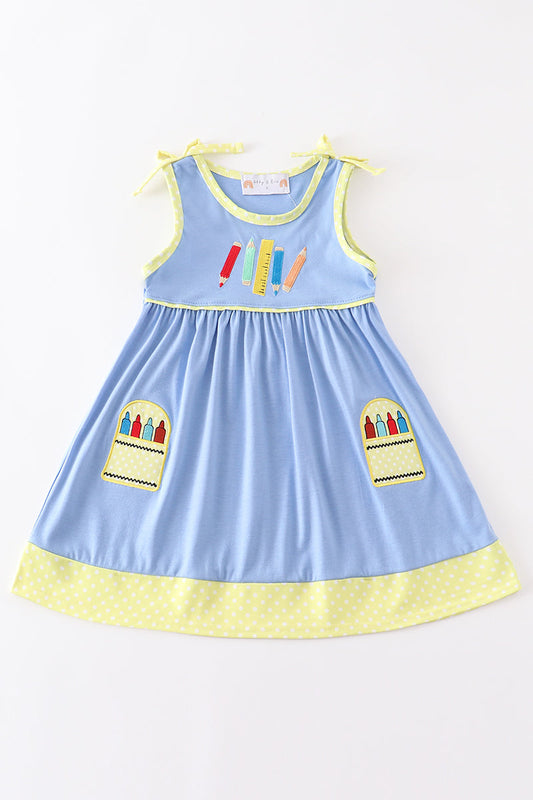 Blue crayon embroidery strap dress