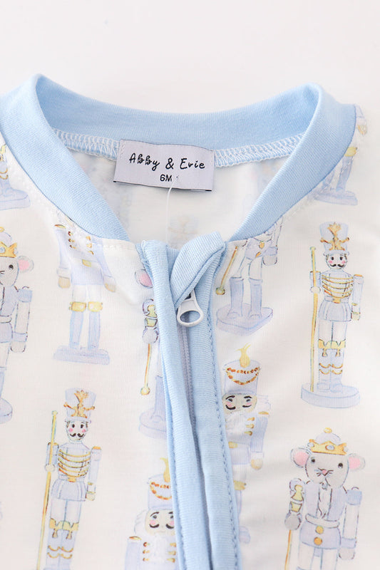 Blue nutcracker print zip boy romper