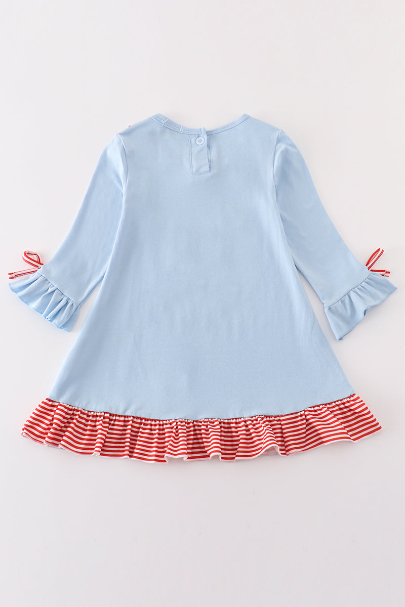 Blue christmas cow applique girl dress