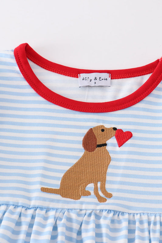 Blue stripe valentine puppy heart embroidery girl set