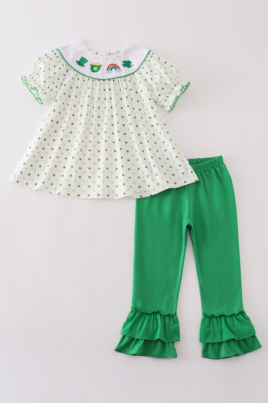 Green lucky clover embroidery girl set