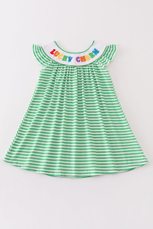 Green stripe lucky charm french knot girl dress