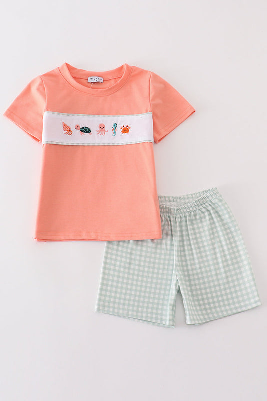 Coral & sage marine creature embroidery boy set