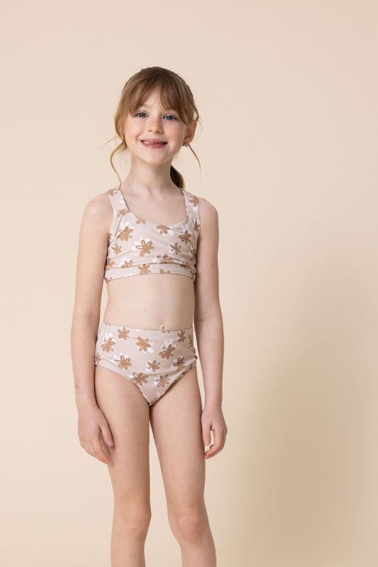 Brown & white floral print 2pc girl swimsuit (size run small, go up 2-3 sizes)