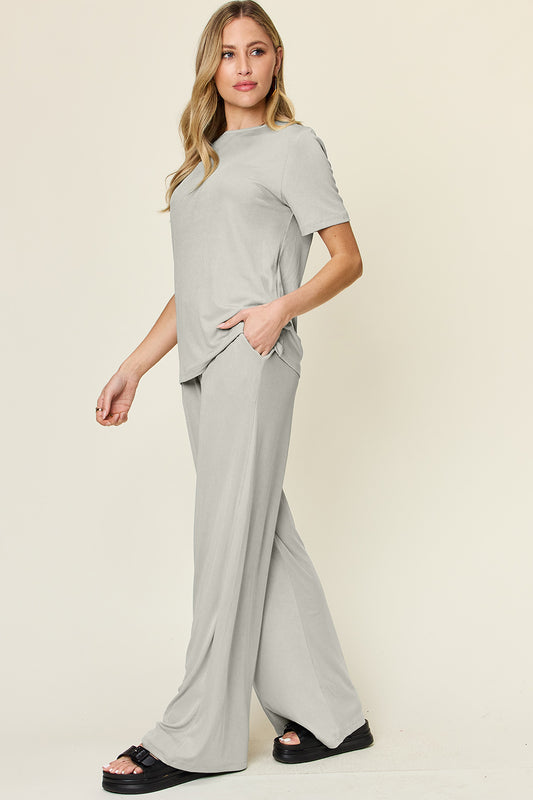 Round Neck Short Sleeve T-Shirt and Wide Leg Pants Set Double Take