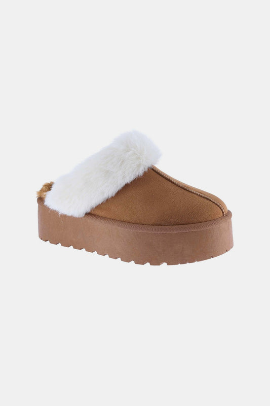 Thick Bottom Fur Trim Snow Slippers in light brown