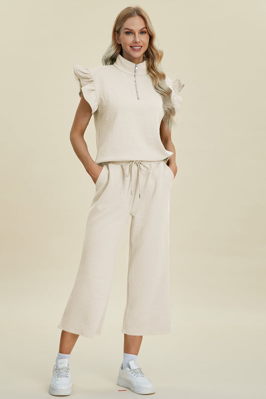 Full Size Texture Ruffle Short Sleeve Top and Wide Leg Pants Set Double Take