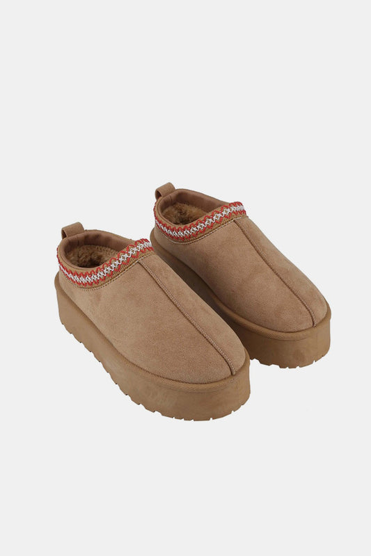 Platform Embroidered Trim Slip-On Boots in Light Brown