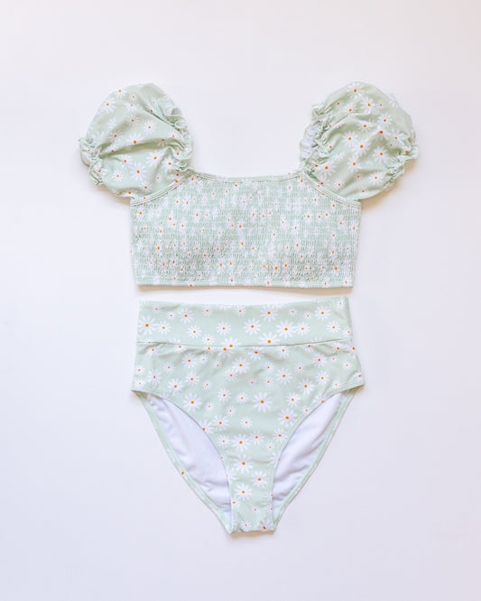 Daisy print smocked bikini 2pc women swimsuit