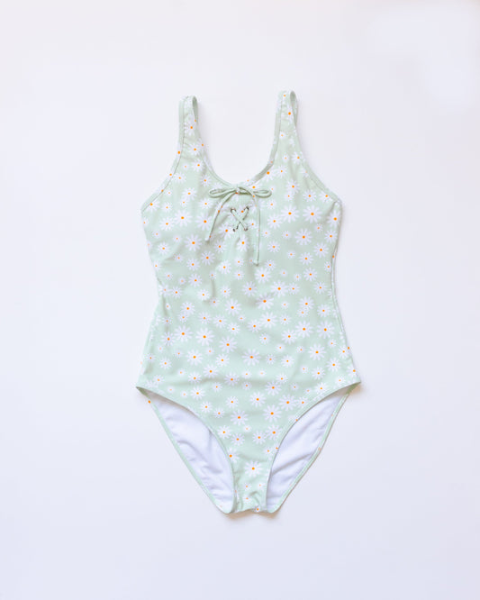 Green daisy print one piece women swimsuit